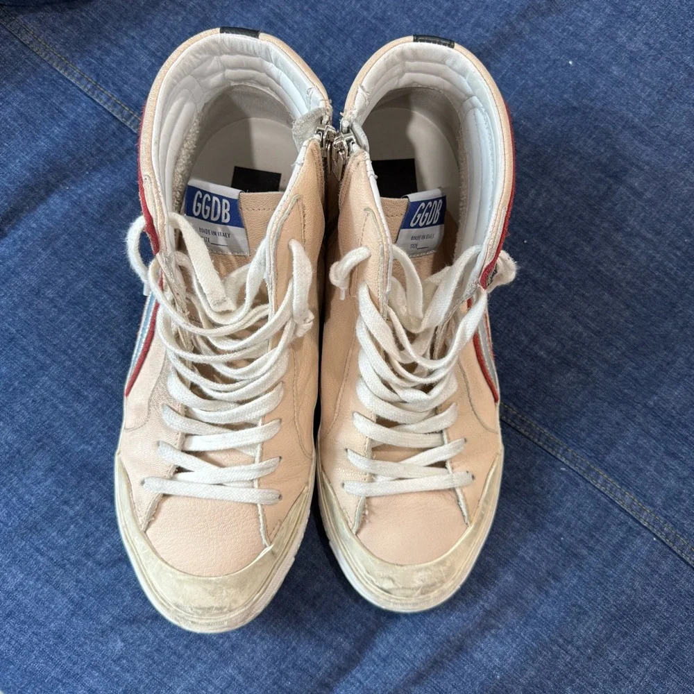 Golden Goose Beige High-Top Sneakers with Red & Silver Accents